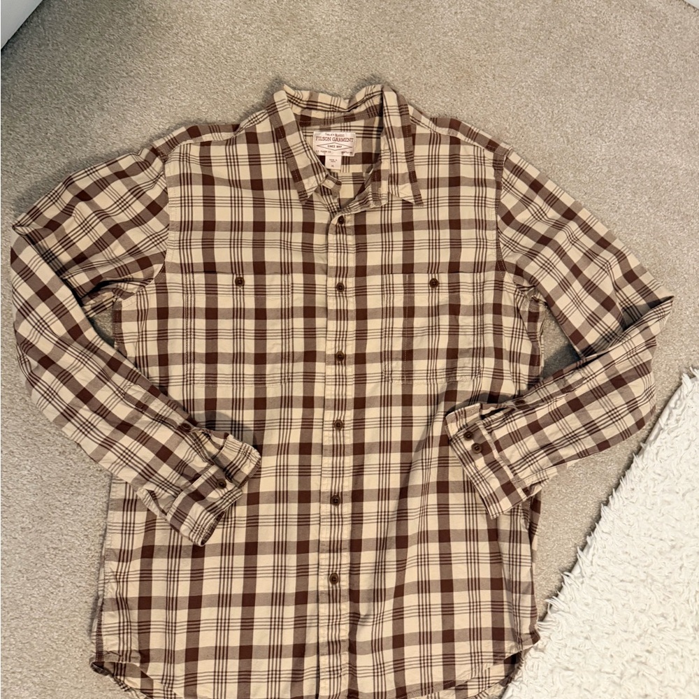 Filson Men's Tan and Brown Plaid Button Down Shirt